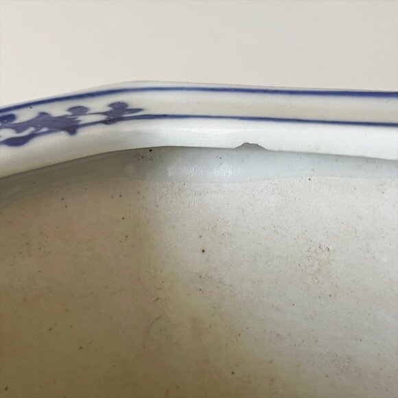 Vintage Chinese Immortals Flowers Poems Octagon Flowerpot w/ Saucer Blue & White - Picture 9 of 15